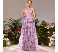 Robe de maternité élégante Dressalisa avec bretelles, bustier froncé, appliqués floraux en maille et jupe ample en tulle pour les occasions estivales et printanières (invité de mariage, dîner de gala,