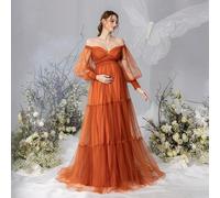 Robe de maternité élégante Dressalisa avec épaules dénudées, manches lanternes et jupe trapèze en tulle fluide - Robes de baby shower pour les réunions de douche nuptiale L,M,S,XL,XXLUnicoloreTissu en