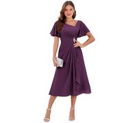 Robe de mère de la mariée en mousseline de soie avec col en V et manches volantées - Robe de soirée formelle - Robe d'invité de mariage, prune, 34