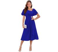 Robe de mère de la mariée en mousseline de soie avec col en V et manches volantées - Robe de soirée formelle - Robe d'invité de mariage, bleu marine, 34