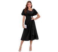 Robe de mère de la mariée en mousseline de soie avec col en V et manches volantées - Robe de soirée formelle - Robe d'invité de mariage, Noir , 34