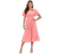 Robe de mère de la mariée en mousseline de soie avec col en V et manches volantées - Robe de soirée formelle - Robe d'invité de mariage, corail, 34