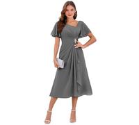 Robe de mère de la mariée en mousseline de soie avec col en V et manches volantées - Robe de soirée formelle - Robe d'invité de mariage, gris, 34