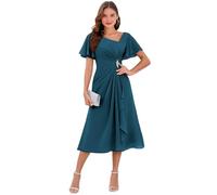 Robe de mère de la mariée en mousseline de soie avec col en V et manches volantées - Robe de soirée formelle - Robe d'invité de mariage, paon, 34