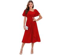 Robe de mère de la mariée en mousseline de soie avec col en V et manches volantées - Robe de soirée formelle - Robe d'invité de mariage, Rouge, 34