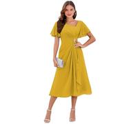 Robe de mère de la mariée en mousseline de soie avec col en V et manches volantées - Robe de soirée formelle - Robe d'invité de mariage, jaune moutarde, 34