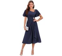 Robe de mère de la mariée en mousseline de soie avec col en V et manches volantées - Robe de soirée formelle - Robe d'invité de mariage, bleu marine, 34