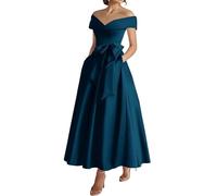 Robe de mère de la mariée en satin à épaules dénudées Longueur thé Robe d'invité de mariage formelle avec nœud, bleu sarcelle, 46 Grande taille