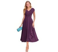Robe de mère de la mariée pour femme, en mousseline de soie, manches courtes, col en V, robe de cocktail formelle à volants pour invitée de mariage, prune, 34
