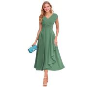 Robe de mère de la mariée pour femme, en mousseline de soie, manches courtes, col en V, robe de cocktail formelle à volants pour invitée de mariage, Eucalyptus, 34