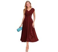 Robe de mère de la mariée pour femme, en mousseline de soie, manches courtes, col en V, robe de cocktail formelle à volants pour invitée de mariage, bordeaux, 34