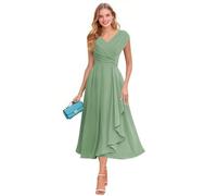 Robe de mère de la mariée pour femme, en mousseline de soie, manches courtes, col en V, robe de cocktail formelle à volants pour invitée de mariage, vert sauge, 34