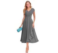 Robe de mère de la mariée pour femme, en mousseline de soie, manches courtes, col en V, robe de cocktail formelle à volants pour invitée de mariage, gris, 34