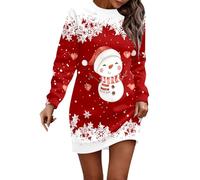 Robe de Mère Noël Femme Imprimé Cerf Robe Coton Noel Tricot Chic et Elegant Automne Hiver Tunique Midi Robes Manches Longues Doux Col en V Tenue Swing A-Ligne Taille Costume Noël (a-Red, M)