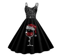 Robe de Mère Noël Femme Joyeux Noël Robe Noel Ado Année 50s Pin Up Rockabilly Swing Jupe Manches Longue Robes de Cocktail Soirée Bal avec Ceinture Déguisements Noel Adultes (4-Black, XXL)