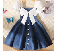 Robe de mode décontractée printemps/été pour préadolescentes, décoration de nœud blanc à l'avant, bouton en perle de métal blanc sur l'ourlet avant, robe en tissu tissé de couleur blanche unie avec ma