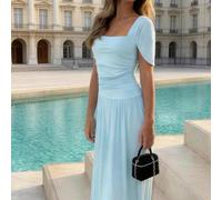 Robe de mode élégante pour femmes, patchwork en maille bleue, bretelles fines, taille froncée, convient pour les garden-parties, le thé de l'après-midi et les occasions formelles d'été L,M,S,XSUnicolo
