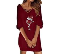 Robe De Noel 2024 - Rouge Mignon Imprimer De Noël Femmes épaule Imprimer Femme Casual Costume Noël Robe Sweat Femme Décontractée au Genou Robe de fête de Noël
