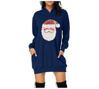 Robe de Noël amusante pour femme - Pull de Noël long - Pull à capuche - Motif Père Noël - Avec poches - Robe de Noël longue - Robe de Noël pour fête festive, bleu marine, L