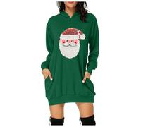 Robe de Noël amusante pour femme - Pull de Noël long - Pull à capuche - Motif Père Noël - Avec poches - Robe de Noël longue - Robe de Noël pour fête festive, vert, L