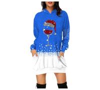 Robe de Noël amusante pour femme - Pull de Noël long - Pull à capuche - Rouge - Imprimé verre à vin - Avec poches - Robe de Noël Ugly Christmas pour fête festive, bleu, S