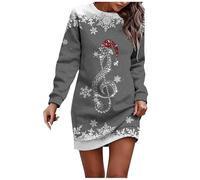 Robe de Noël élégante pour femme - Motif de Noël - Verre à vin rouge - Manches longues - Motif de Noël - Robe de fête - Longueur genou - Col rond - Robe pull - Robe de Noël - Tenue de Noël, J01 Gris
