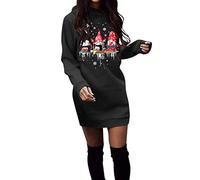 Robe de Noël élégante pour femme - Motif de Noël - Verre à vin rouge - Manches longues - Motif de Noël - Robe de fête - Longueur genou - Col rond - Robe pull - Robe de Noël - Tenue de Noël, E01 noir