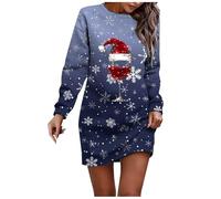 Robe de Noël élégante pour femme - Motif de Noël - Verre à vin rouge - Manches longues - Motif de Noël - Robe de fête - Longueur genou - Col rond - Robe pull - Robe de Noël - Tenue de Noël, L01 bleu