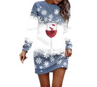 Robe de Noël élégante pour femme - Motif de Noël - Verre à vin rouge - Manches longues - Motif de Noël - Robe de fête - Longueur genou - Col rond - Robe pull - Robe de Noël - Tenue de Noël, I01 bleu