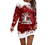 Robe de Noël élégante pour femme - Motif de Noël - Verre à vin rouge - Manches longues - Motif de Noël - Robe de fête - Longueur genou - Col rond - Robe pull - Robe de Noël - Tenue de Noël, N01 vin
