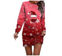 Robe de Noël élégante pour femme - Motif de Noël - Verre à vin rouge - Manches longues - Motif de Noël - Robe de fête - Longueur genou - Col rond - Robe pull - Robe de Noël - Tenue de Noël, L01 Rouge
