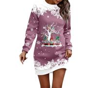 Robe de Noël élégante pour femme - Motif de Noël - Verre à vin rouge - Manches longues - Motif de Noël - Robe de fête - Longueur genou - Col rond - Robe pull - Robe de Noël - Tenue de Noël, N01 violet