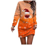 Robe de Noël élégante pour femme - Motif de Noël - Verre à vin rouge - Manches longues - Motif de Noël - Robe de fête - Longueur genou - Col rond - Robe pull - Robe de Noël - Tenue de Noël, L01 Orange