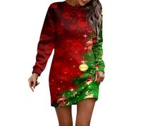 Robe de Noël élégante pour femme - Motif de Noël - Verre à vin rouge - Manches longues - Motif de Noël - Robe de fête - Longueur genou - Col rond - Robe pull - Robe de Noël - Tenue de Noël, H02 rouge