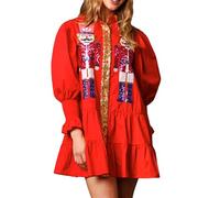 Robe de Noël en Sequins pour Femmes avec Motif Casse-Noix Chemise en Sequins pour Fête de Noël Sweatshirt de Père Noël Manches Longues Robe Mini à Volants et Plissés, A - Rouge, L