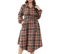 Robe de Noël Femme à Carreaux Tartan Plaid High Waist Midi Skirt A-Ligne Femme avec Ceinture Robe-chemise à Carreaux Grande Taille pour Noël Taille Cintrée Manches Longues Robes Cocktail Fête M-4XL