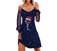 Robe de Noël Femme à Paillettes Manches Longues Élégante et Sensuelle Dentelle Résille Transparente Chaude et Confortable Col U Loose Grande Taille Motif Verre à Vin Rouge et Pois Cocktail Carnaval
