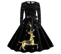 Robe De Noël Femme Chic Et Élégante - Manches Longues, Robe De Soirée Cocktail Imprimée 1950er Swing Hepburn Rockabilly Vintage Christmas Dress Costume Père Noël