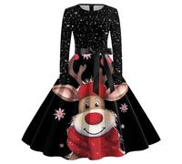 Robe De Noël Femme Chic Et Élégante - Manches Longues, Robe De Soirée Cocktail Imprimée 1950er Swing Hepburn Rockabilly Vintage Christmas Dress Costume Père Noël
