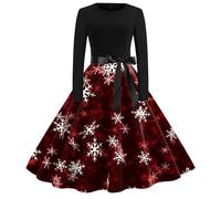 Robe de Noel Femme Col Rond Robes Trapèze Manches Longues Robe de Soiree Cocktail Imprimées Noël 1950er Swing Hepburn Robes de Noël Rockabilly Vintage Christmas Dress Grande Taille