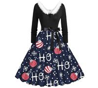 Robe de Noël Femme Flocon de Neige Robe Pin Up Grande Taille Noel Vintage Année 50 60 à Pois Cocktail Manches Longue Col Round Au Genou Rockabilly Robes de Soirée Fête Père Noël Costume (Blue-c, L)