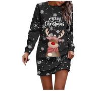 Robe de Noël Femme Grande Taille Drôle Rudolph Renne Imprimé Robe Pull de Noel Manches Lanternes Col Rond Mini Robes Automne et Hiver Chaud Robe Sweat Moche Déguisements Adultes Pere Noel