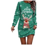 Robe de Noël Femme Grande Taille Drôle Rudolph Renne Imprimé Robe Pull de Noel Manches Lanternes Col Rond Mini Robes Automne et Hiver Chaud Robe Sweat Moche Déguisements Adultes Pere Noel