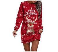 Robe de Noël Femme Grande Taille Drôle Rudolph Renne Imprimé Robe Pull de Noel Manches Lanternes Col Rond Mini Robes Automne et Hiver Chaud Robe Sweat Moche Déguisements Adultes Pere Noel