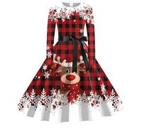 Robe de Noël Femme Grande Taille Flocon de Neige Robe Mi Longue Noel Vintage Années 50s 60s Audrey Hepburn Robes de Soirée Cocktail Mariage Fête Déguisement Père Noel (C-Watermelon Red, XL)