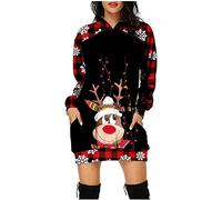 Robe De Noel Femme Grande Taille Hiver Pull Moche Sweat Plaid avec Capuche Casual Hoodie Noël Imprimé Wapiti Décontracté Chic Automne Hiver Chaude Pullover avec Poches