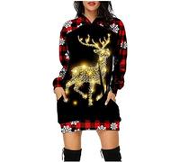 Robe De Noel Femme Grande Taille Hiver Pull Moche Sweat Plaid avec Capuche Casual Hoodie Noël Imprimé Wapiti Décontracté Chic Automne Hiver Chaude Pullover avec Poches