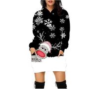 Robe De Noel Femme Grande Taille Hiver Pull Moche Sweat Plaid avec Capuche Casual Hoodie Noël Imprimé Wapiti Décontracté Chic Automne Hiver Chaude Pullover avec Poches