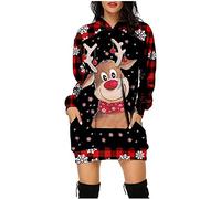 Robe De Noel Femme Grande Taille Hiver Pull Moche Sweat Plaid avec Capuche Casual Hoodie Noël Imprimé Wapiti Décontracté Chic Automne Hiver Chaude Pullover avec Poches