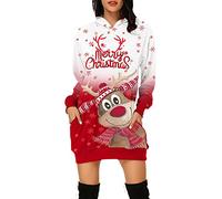 Robe De Noel Femme Grande Taille Hiver Pull Moche Sweat Plaid avec Capuche Casual Hoodie Noël Imprimé Wapiti Décontracté Chic Automne Hiver Chaude Pullover avec Poches
